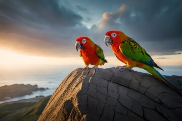 A vibrant couple of parrots share the branches, their colorful plumage a testament to love in nature's palette