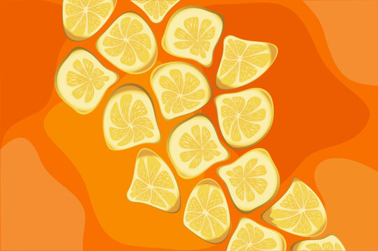 Yellow and orange summer background. Composition of distorted lemons on abstract round shapes. Summer concept, refreshing, fun and tasty.