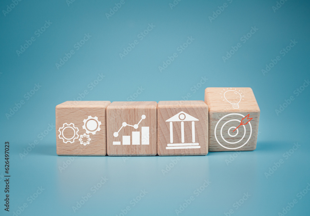 Poster wood cube block stacking with icon.concept of business strategy and goal action plan.