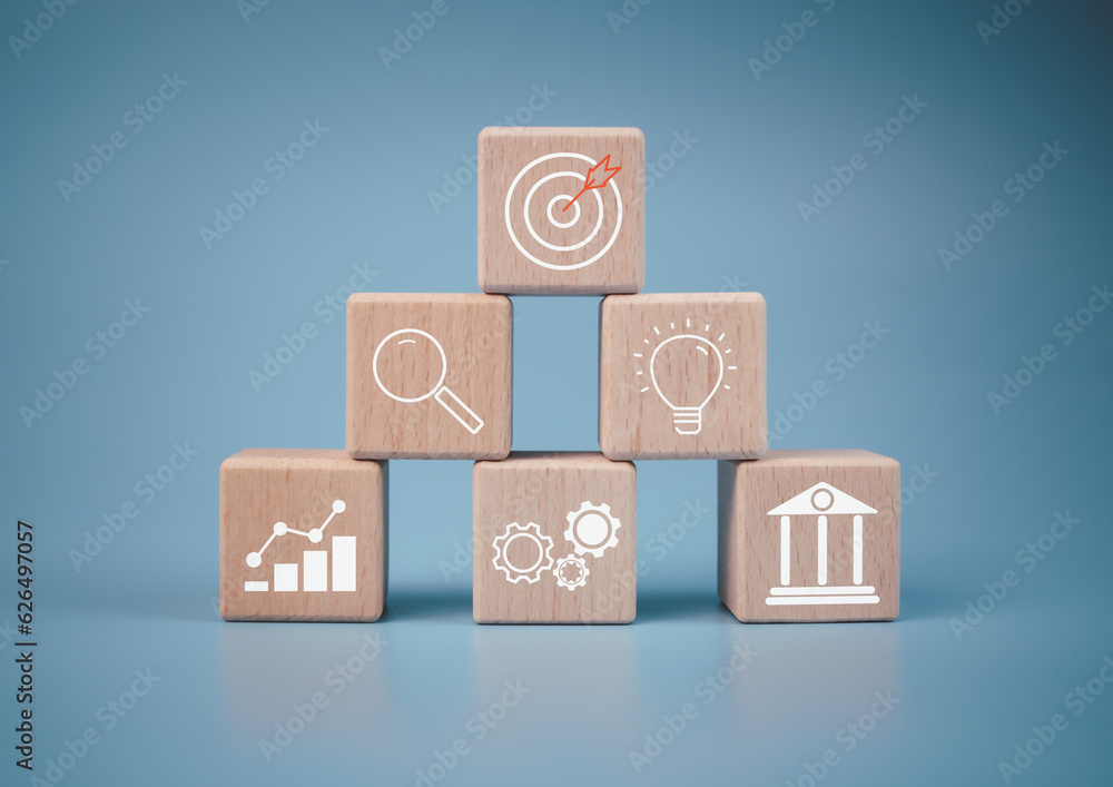 Poster wood cube block stacking with icon.concept of business strategy and goal action plan.