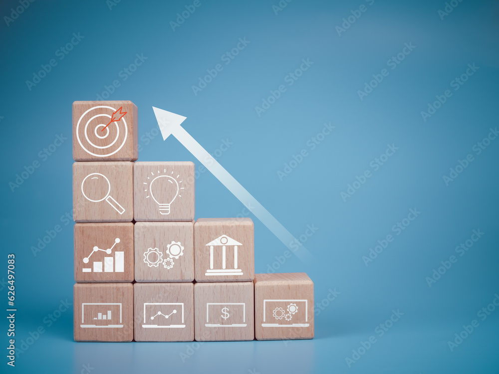 Poster wood cube block stacking with icon.concept of business strategy and goal action plan.