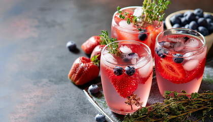 Berry drink with crushed ice and thyme. Strawberry and blueberry lemonade. Summer refreshing drink