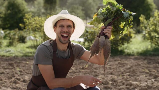 Portrait of european farmer happy with successful sugar beet harvest on own farm plot, slow motion. Man in hat smiles, looks at camera, happily shakes beet roots with tops at camera, medium shot.