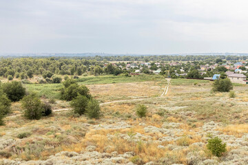 Fototapeta na wymiar A meadow in a steppe landscape. Plateau in the Volgograd region