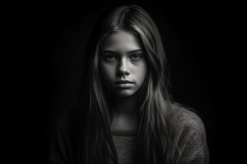 Black and white portrait of sad teenage girl on dark background, dark light photography