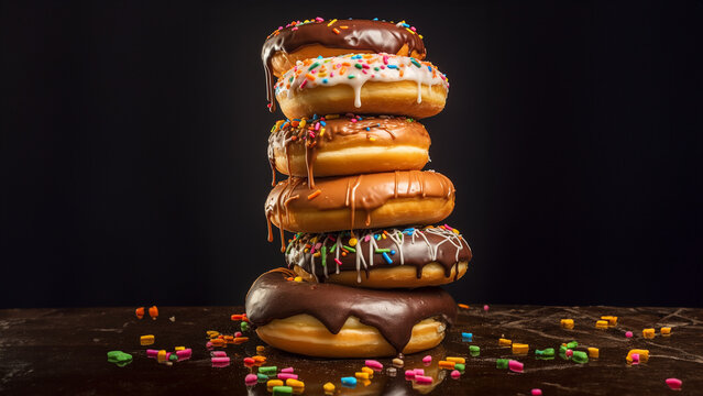 Viele Bunte Donut mit feiner Glasur sch&ouml;n dekoriert mit Streussel Nahaufnahme, ai generativ