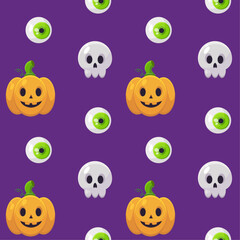 Happy Halloween seamless pattern with pumpkin, skull and eyes 