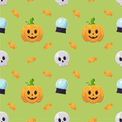 Fototapeta premium Happy Halloween seamless pattern with pumpkin, skull and candies