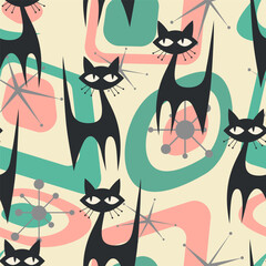 1950s Mid Century Modern Atomic Black Cats and Starbursts pattern. Seamless vector background in fifties style