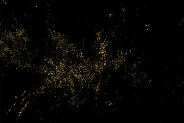 Golden glitter texture isolated on black background. Golden color particles. Golden explosion of confetti. Festive background design element.