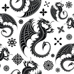 Chinese Dragon Black Shape Tattoo Style Vector Seamless Repeat Pattern Design