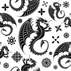 Fototapete Zeichnung Chinese Dragon Black Shape Tattoo Style Vector Seamless Repeat Pattern Design