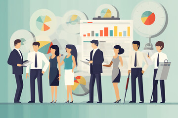 Illustration of group of people working with background with charts. ia generate