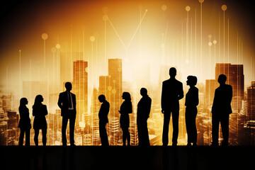 Silhouettes of business people, against the background of a big city with buildings. ia generate