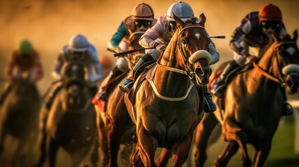 Race horses, Race horses with jockeys with motion blur. Jockeying for the win in the racecourse. Generative Ai