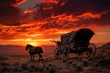 A horse and wagon on a trail in the old West. Great for stories on cowboy movies, Old West, frontier spirit, pioneers, gold rush and more. 