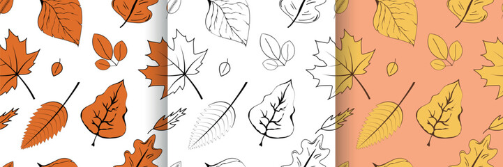 autumn seamless pattern set, fallen leaves contour