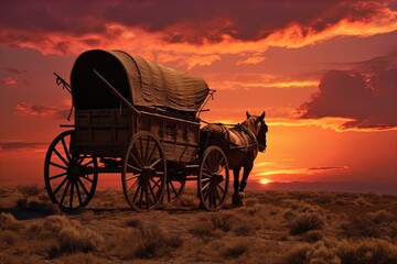 A horse and wagon on a trail in the old West. Great for stories on cowboy movies, Old West, frontier spirit, pioneers, gold rush and more. 