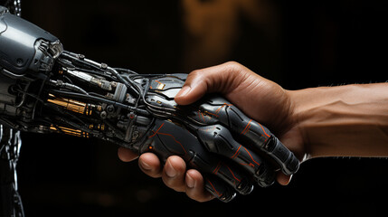 Handshake of modern robot hand with man closeup picture