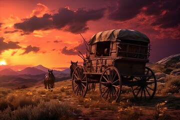 A horse and wagon on a trail in the old West. Great for stories on cowboy movies, Old West, frontier spirit, pioneers, gold rush and more.  - obrazy, fototapety, plakaty