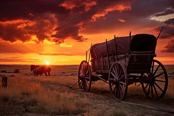 Fototapeta premium A horse and wagon on a trail in the old West. Great for stories on cowboy movies, Old West, frontier spirit, pioneers, gold rush and more. 