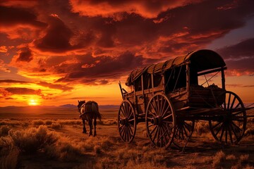 A horse and wagon on a trail in the old West. Great for stories on cowboy movies, Old West, frontier spirit, pioneers, gold rush and more. 