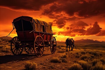 A horse and wagon on a trail in the old West. Great for stories on cowboy movies, Old West, frontier spirit, pioneers, gold rush and more. 