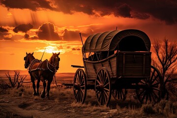 A horse and wagon on a trail in the old West. Great for stories on cowboy movies, Old West, frontier spirit, pioneers, gold rush and more. 