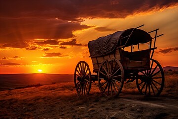 Fototapeta premium A horse and wagon on a trail in the old West. Great for stories on cowboy movies, Old West, frontier spirit, pioneers, gold rush and more. 