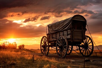 Fototapeta na wymiar A horse and wagon on a trail in the old West. Great for stories on cowboy movies, Old West, frontier spirit, pioneers, gold rush and more. 