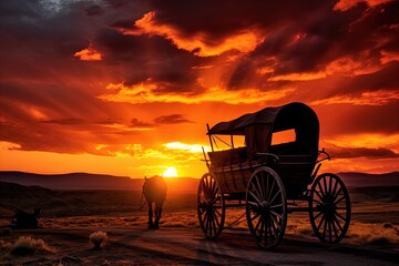 Fototapeta premium A horse and wagon on a trail in the old West. Great for stories on cowboy movies, Old West, frontier spirit, pioneers, gold rush and more. 