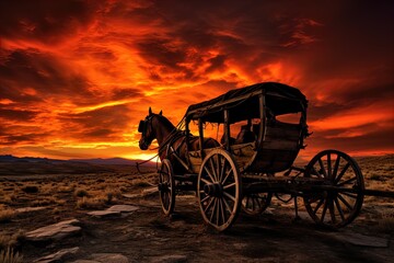 Fototapeta premium A horse and wagon on a trail in the old West. Great for stories on cowboy movies, Old West, frontier spirit, pioneers, gold rush and more. 