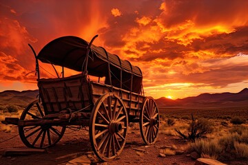 Fototapeta premium A horse and wagon on a trail in the old West. Great for stories on cowboy movies, Old West, frontier spirit, pioneers, gold rush and more. 