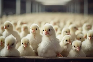 Deurstickers Small chickens in a big hatchery. © Sebastian Studio