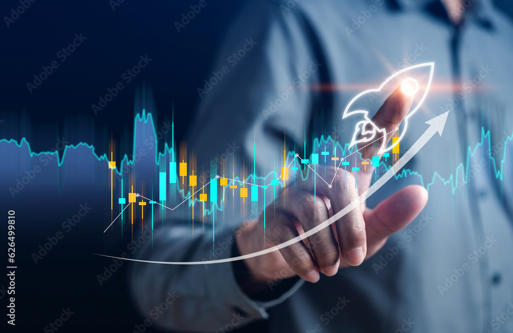 Aufkleber businessman touch rocket launch investment growth, planning and starting corporate business start up