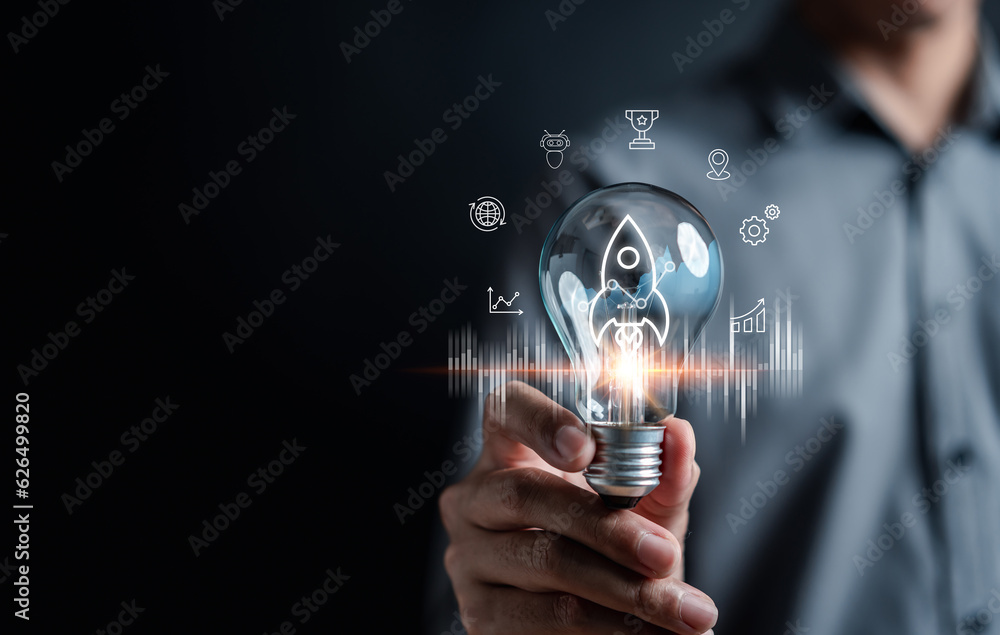 Aufkleber businessman with rocket launch growth concept, planning and starting corporate business start up aim
