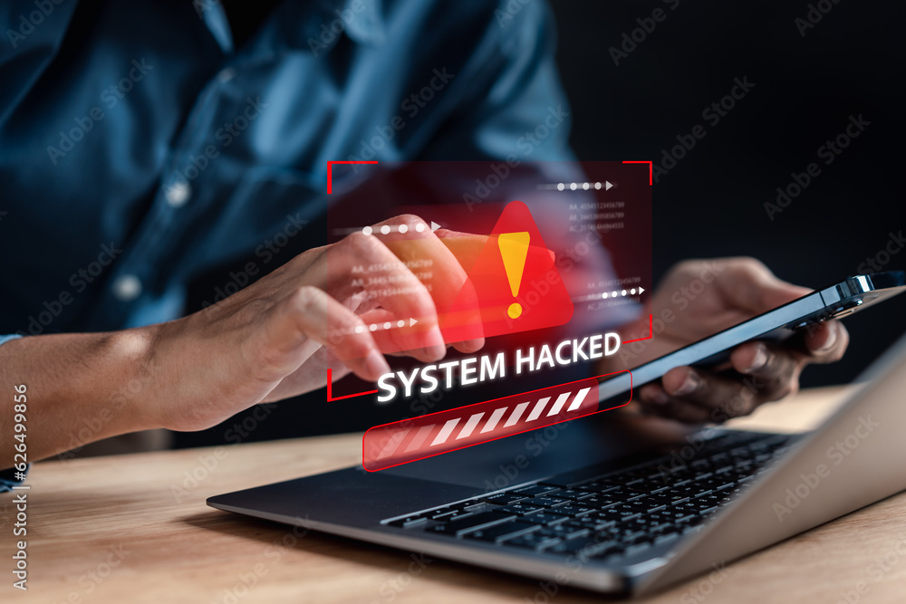 Fototapete Alert System hacked popup on screen, spam virus with warning caution for notification on internet security protect, code and cyber security and phishing spyware and compromised information...