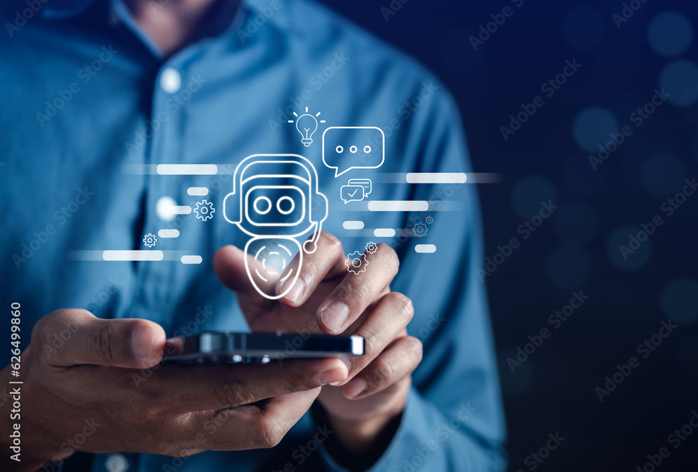 Fototapete Businessman using ai technology. chat bot with AI Artificial Intelligence generate. Futuristic technology, robot in online system. Business in future to invest and develop corporate concept...