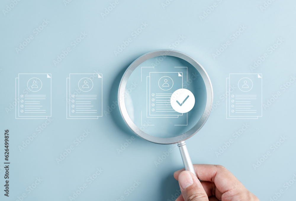 Aufkleber Document Management Checking System, online documentation database and process manage files, Magnifier check and focus to document folder, documentation. Corporate business technology concept.