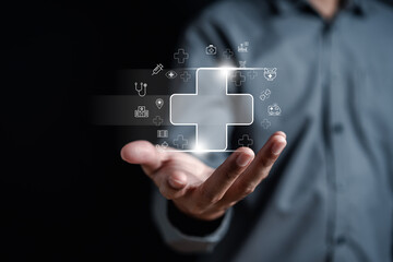 Man holding plus sign for positive thinking mindset or healthcare insurance symbol concept, Mental health care concept.