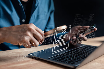 Document Management Checking System, online documentation database and process automation to efficiently manage files, documentation. Corporate business technology concept.