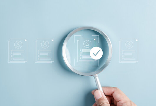 Document Management Checking System, online documentation database and process manage files, Magnifier check and focus to document folder, documentation. Corporate business technology concept.