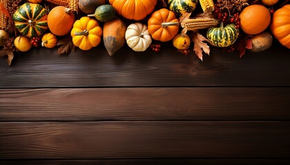 Thanksgiving or Autumnal decoration with pumpkin on wooden background copy space, flat lay, generative AI