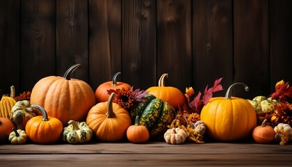 Thanksgiving or Autumnal decoration with pumpkin on wooden background copy space, generative AI