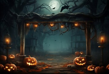 Halloween Pumpkins Jack O’ Lanterns In Spooky Forest background, generative AI