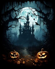 Halloween pumpkins Jack O’ Lanterns in spooky castle graveyard background, generative AI