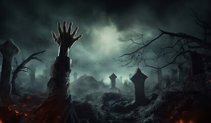 Halloween concept with zombie hands rising in graveyard background, generative AI