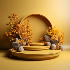 Autumn display podium with tree and stones, 3d illustration, generative AI