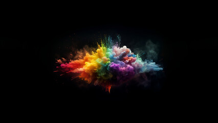Bunte Explosion vieler Leuchtfarben und Elementen als Hintergrundmotiv, ai generativ