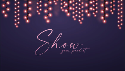 Product display with light garlands. Podium. Empty scene with light effect.
